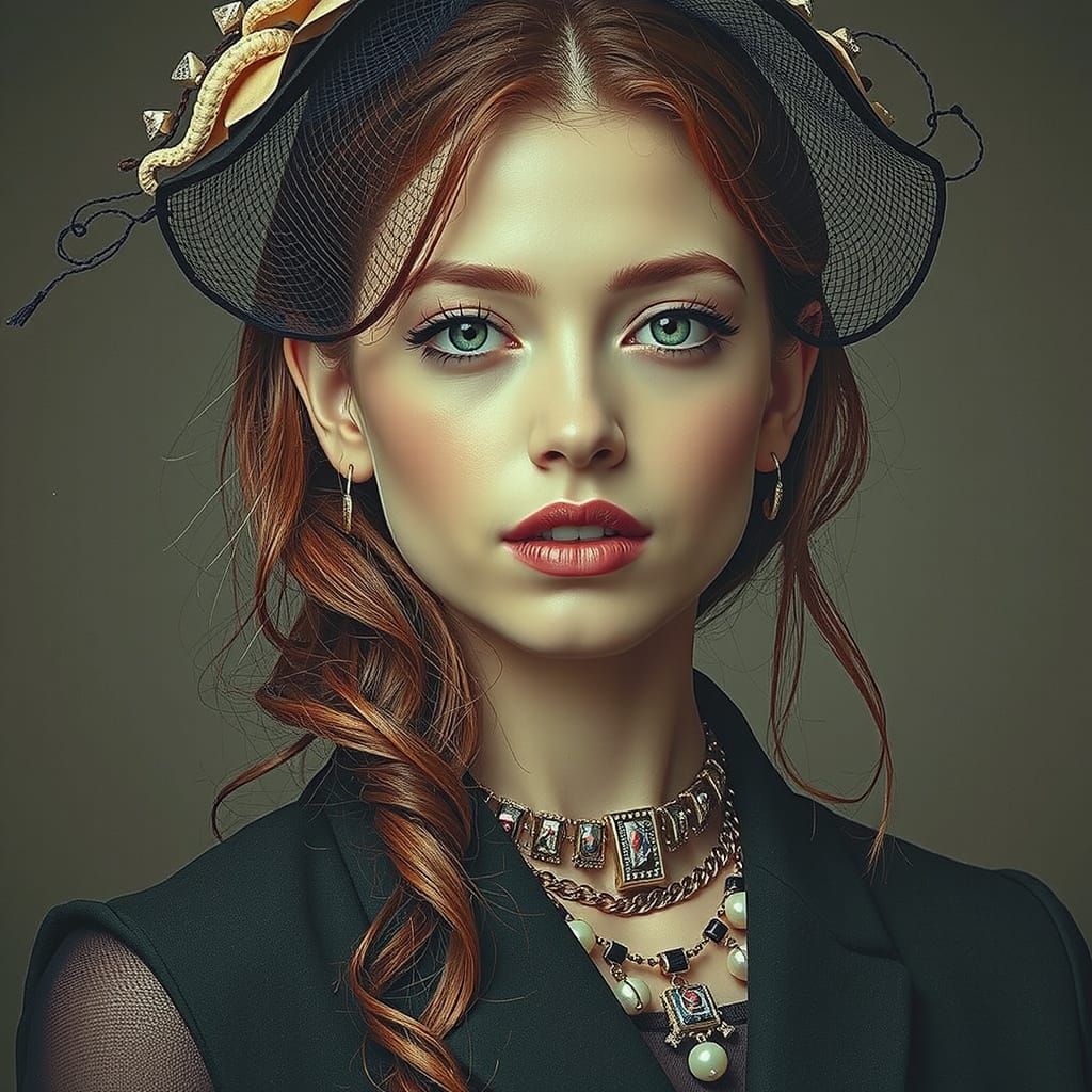 Black and White Portrait of Woman With Crimson Streak and Ar...