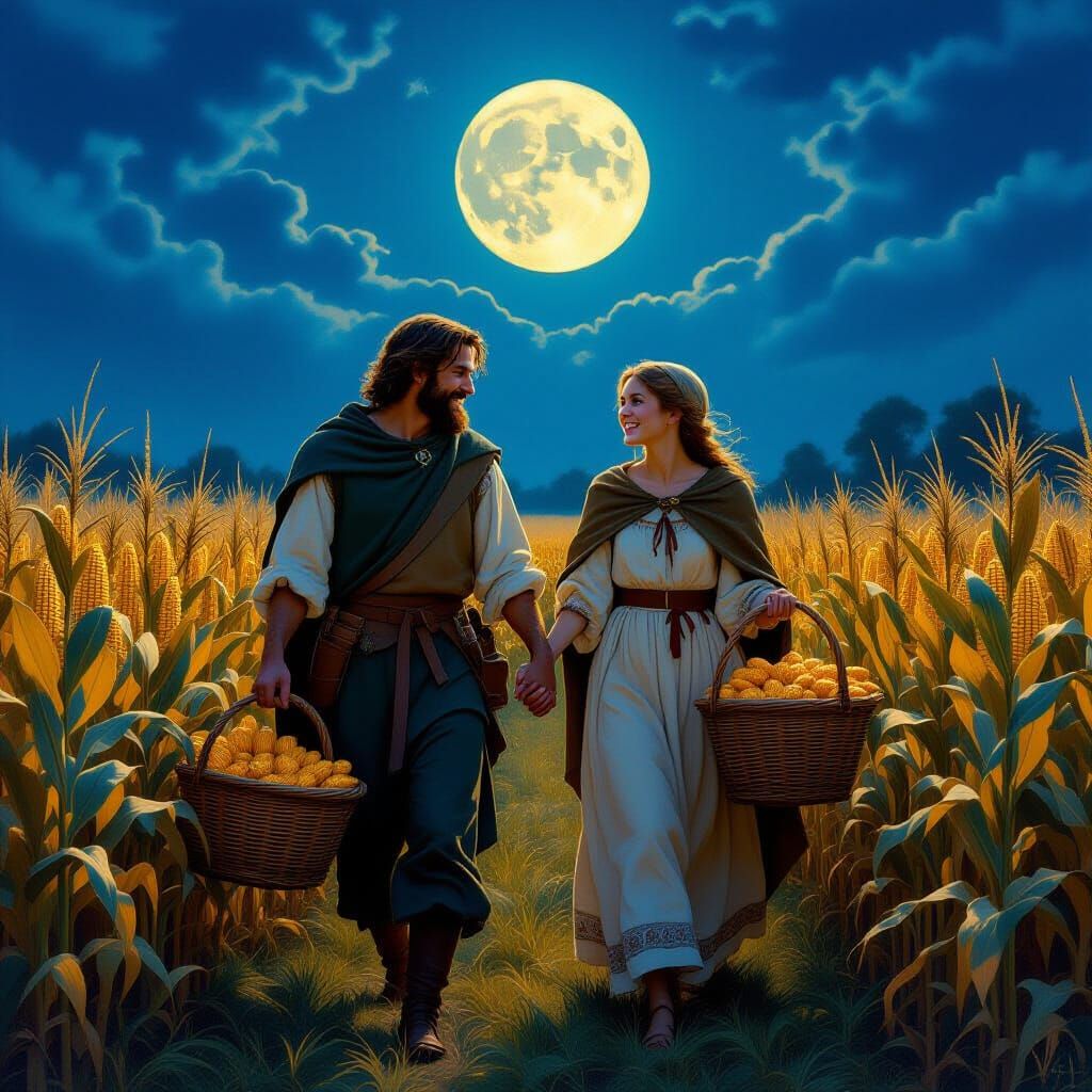 Medieval Farmers in Cornfield Under Moonlight, Matte Paintin...