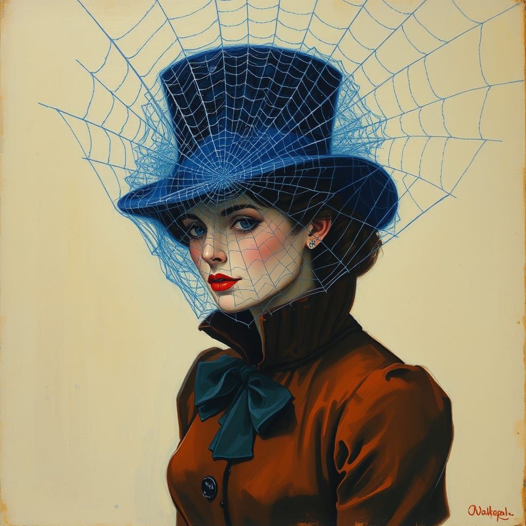 Woman in Top Hat Ensnared in Blue Spiderweb, Impasto Style