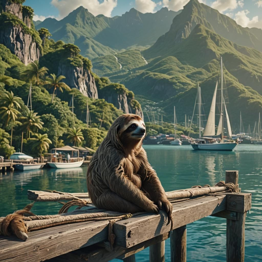 Sloth on Dock: Realistic Matte Painting with Sailboat