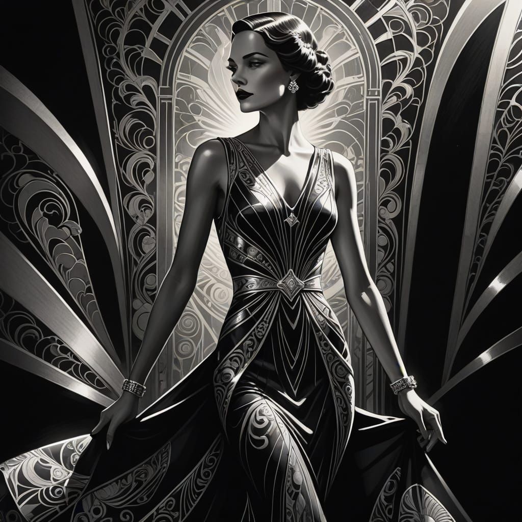 Art Deco Woman in Shimmering Silver and Black Dress