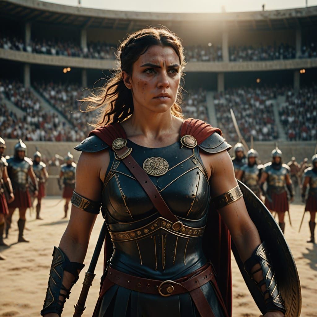 Greek Gladiatrix in Heroic Stance: Hyperrealistic Portrait