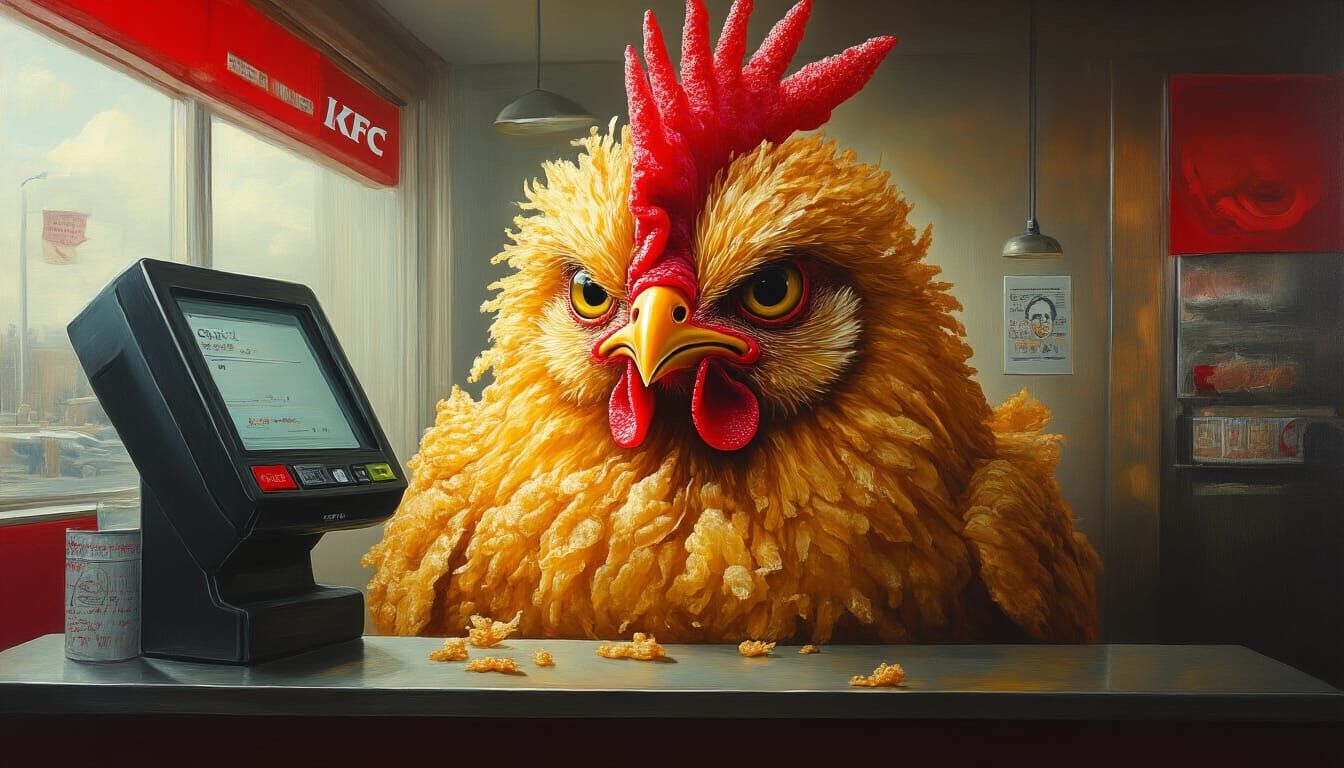 Grumpy Fried Chicken at KFC, Surreal Mixed-Media Art