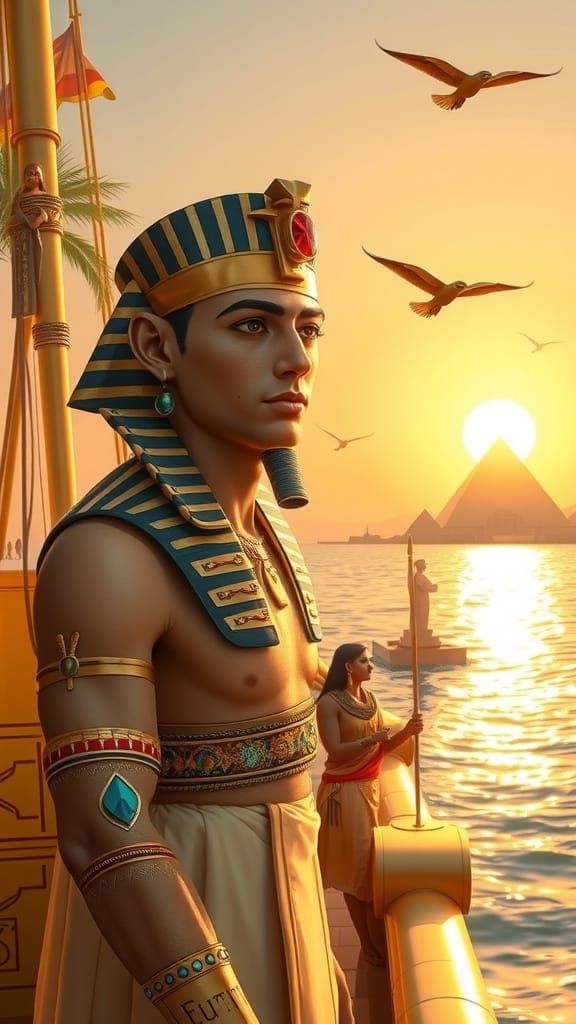 A Majestic Ancient Egyptian Pharaoh on a Golden Royal Barge