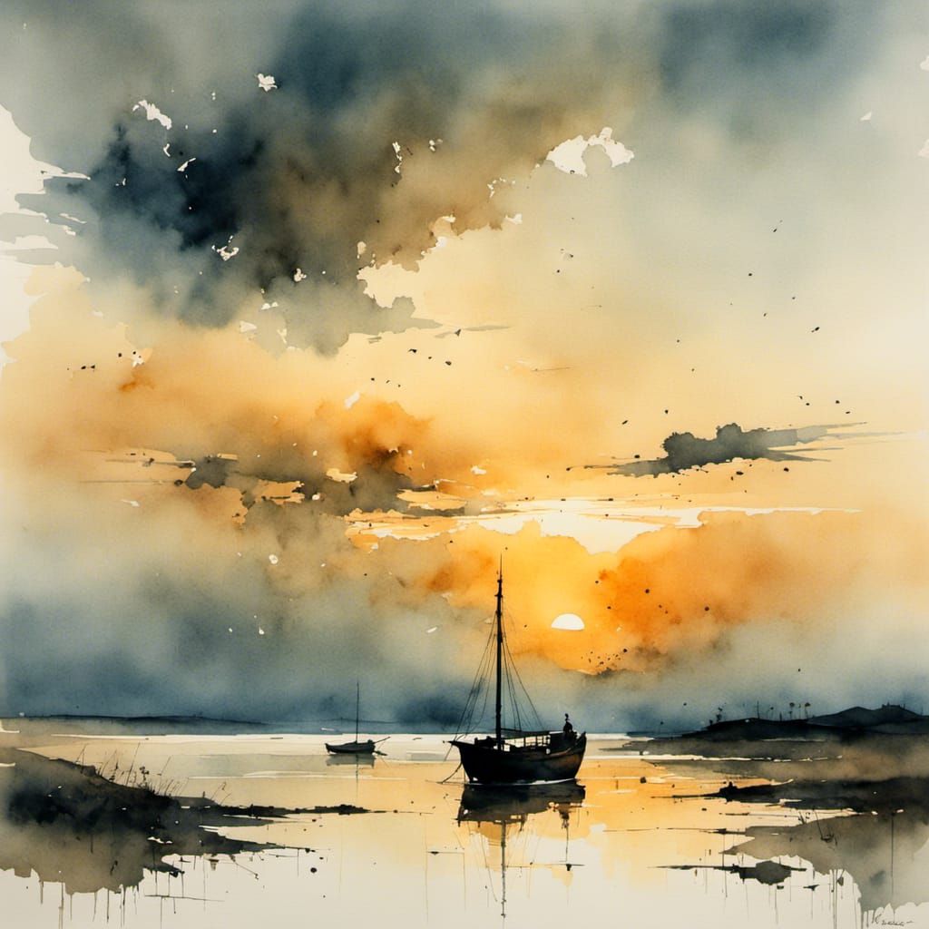 Fishing Boat at Sunset in Watercolor Style
