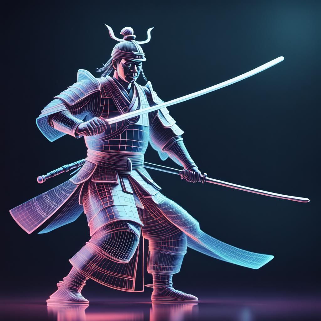 Holographic Samurai in 3D Line Art Style