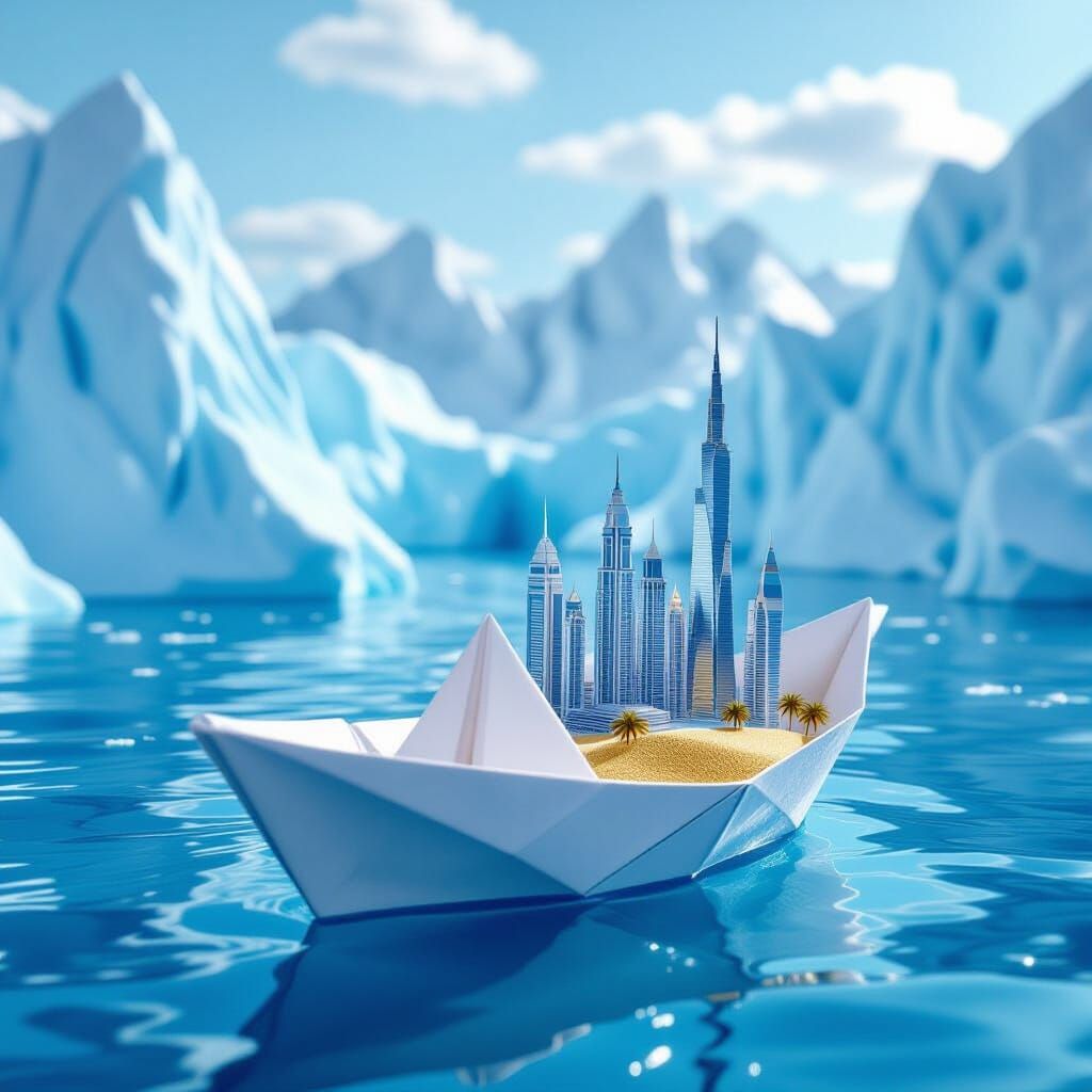 Futuristic City on Origami Boat in Icy Ocean