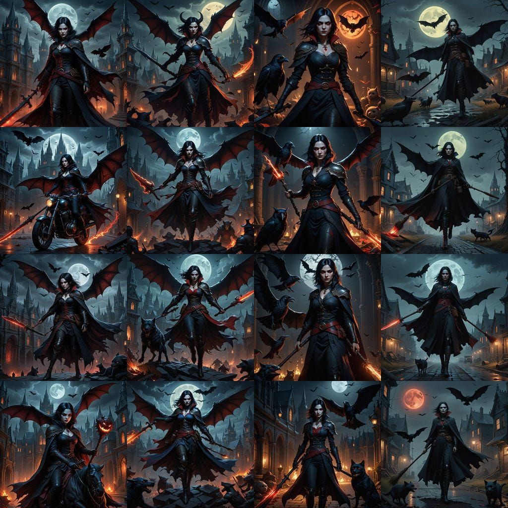 Gothic Vampire Noblewoman Riding a Flying Broom with Intrica...