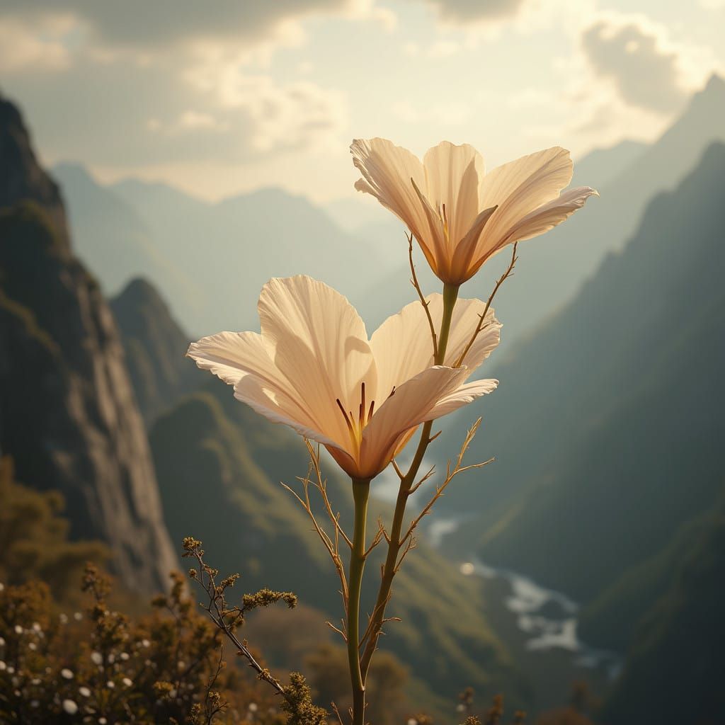 Ethereal Beige Bloom Amidst Ancient Mountains