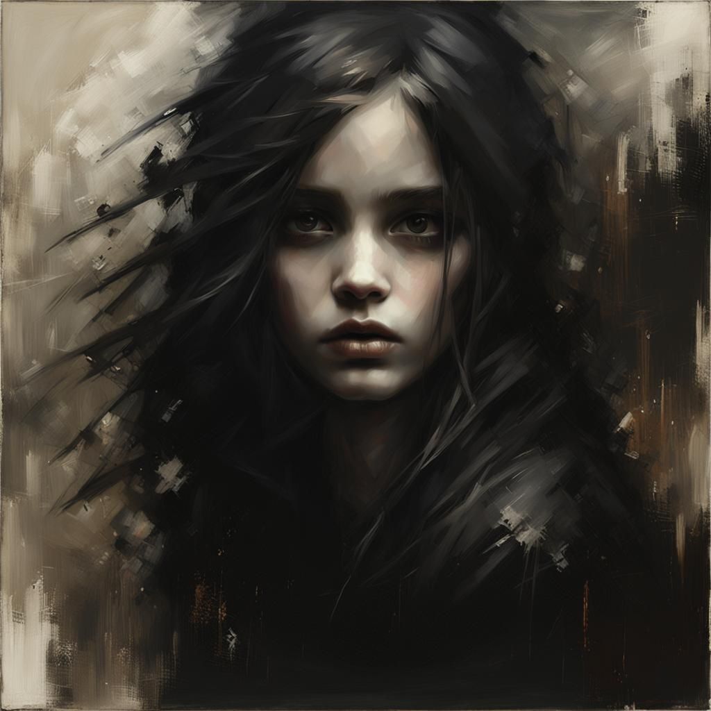 Gothic Woman Emerging from Darkness in Oil Painting Style