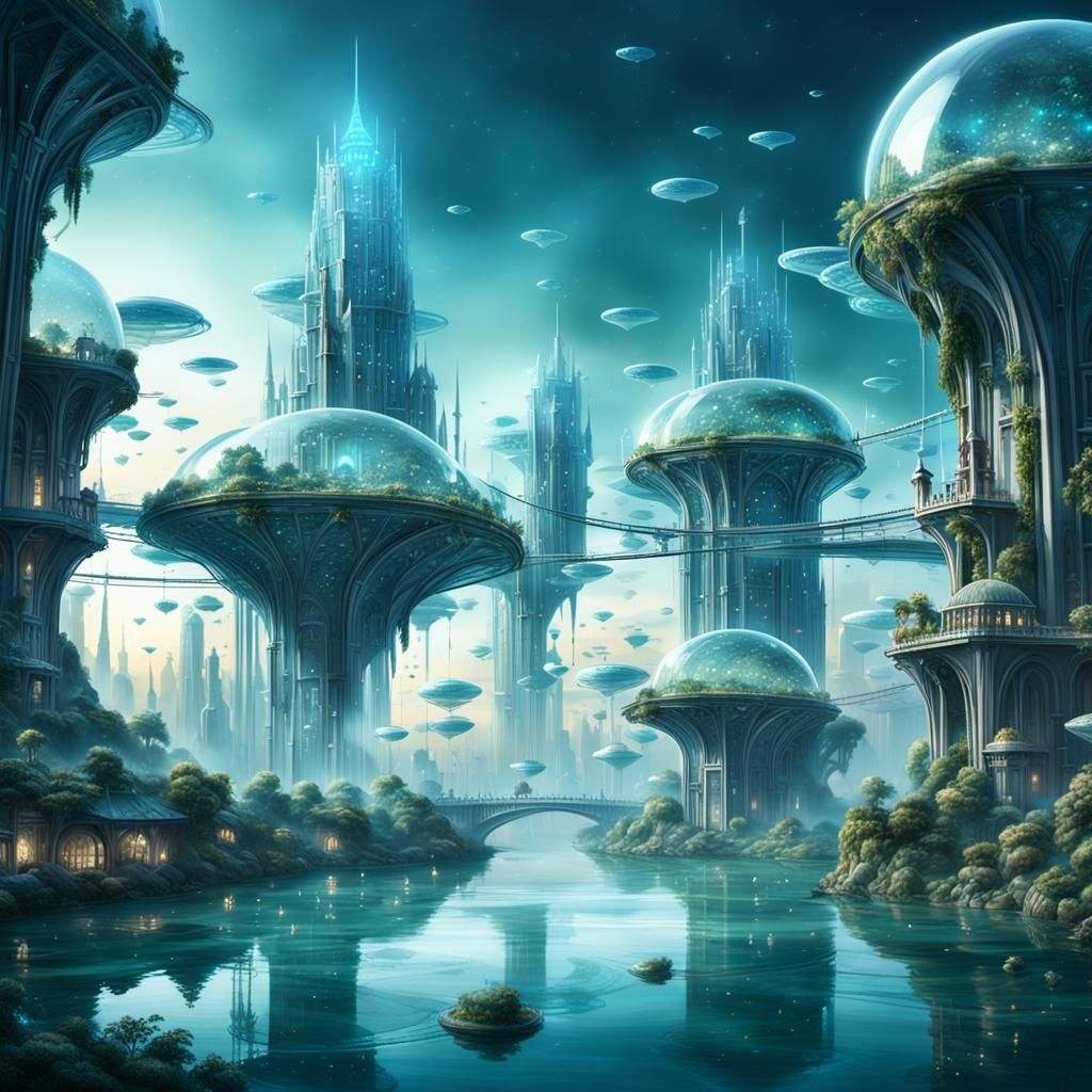 Futuristic Floating Metropolis in Twilight Sky
