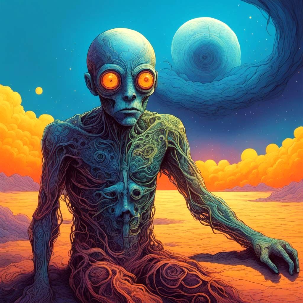 Surreal Comic Illustration with a Radiant Alien Entity