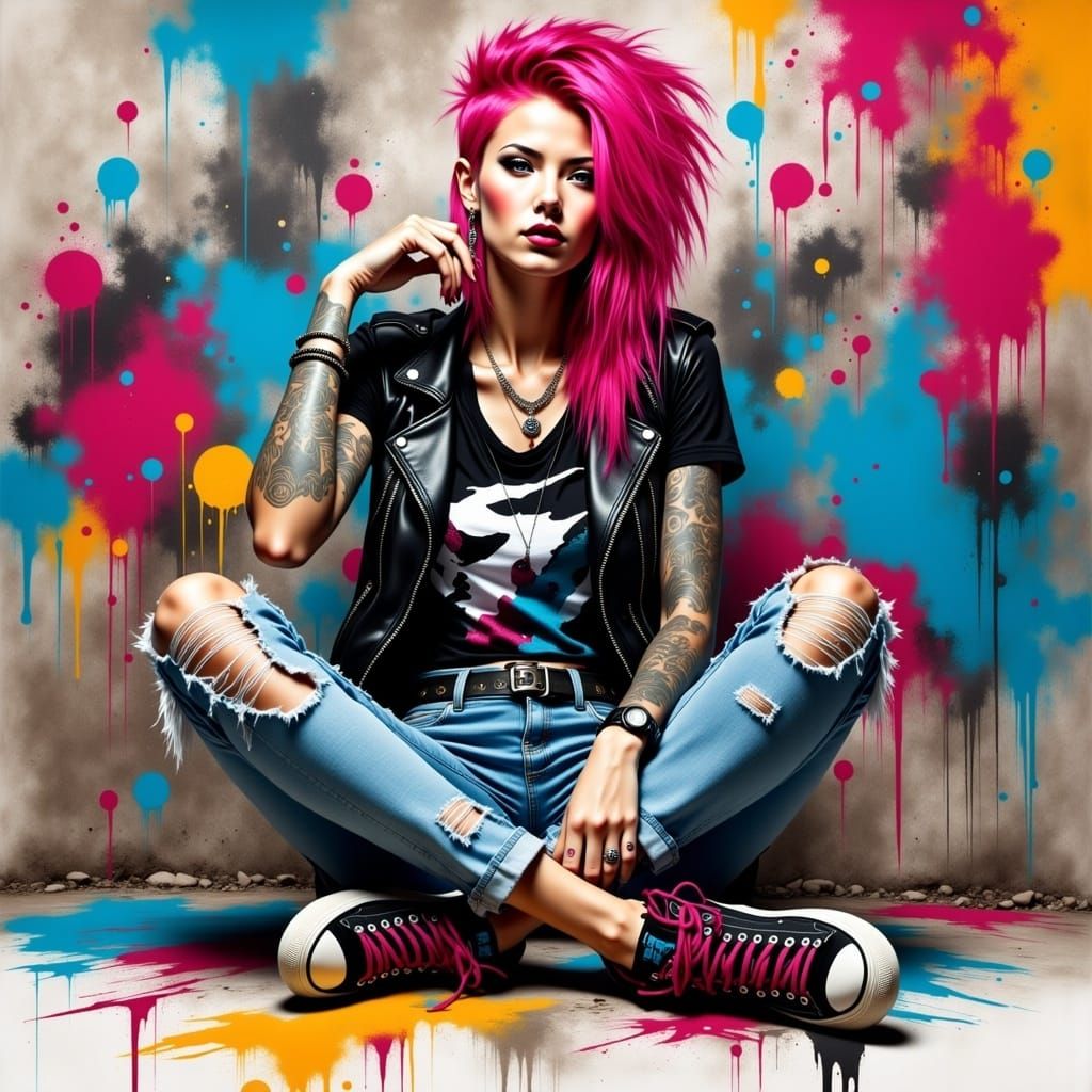 Punk Girl in Street Style with Graffiti Art