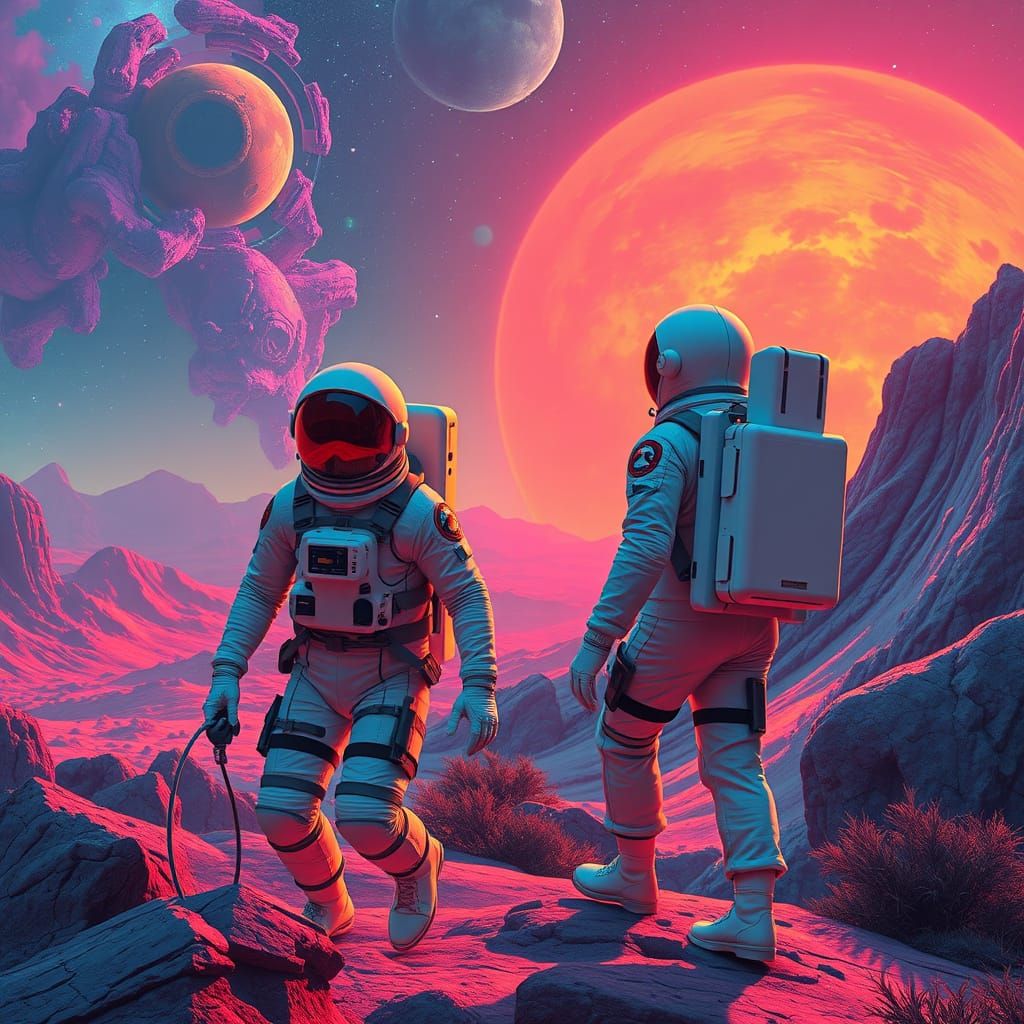 Astronauts Explore Cosmic Landscape in Sci-Fi Style