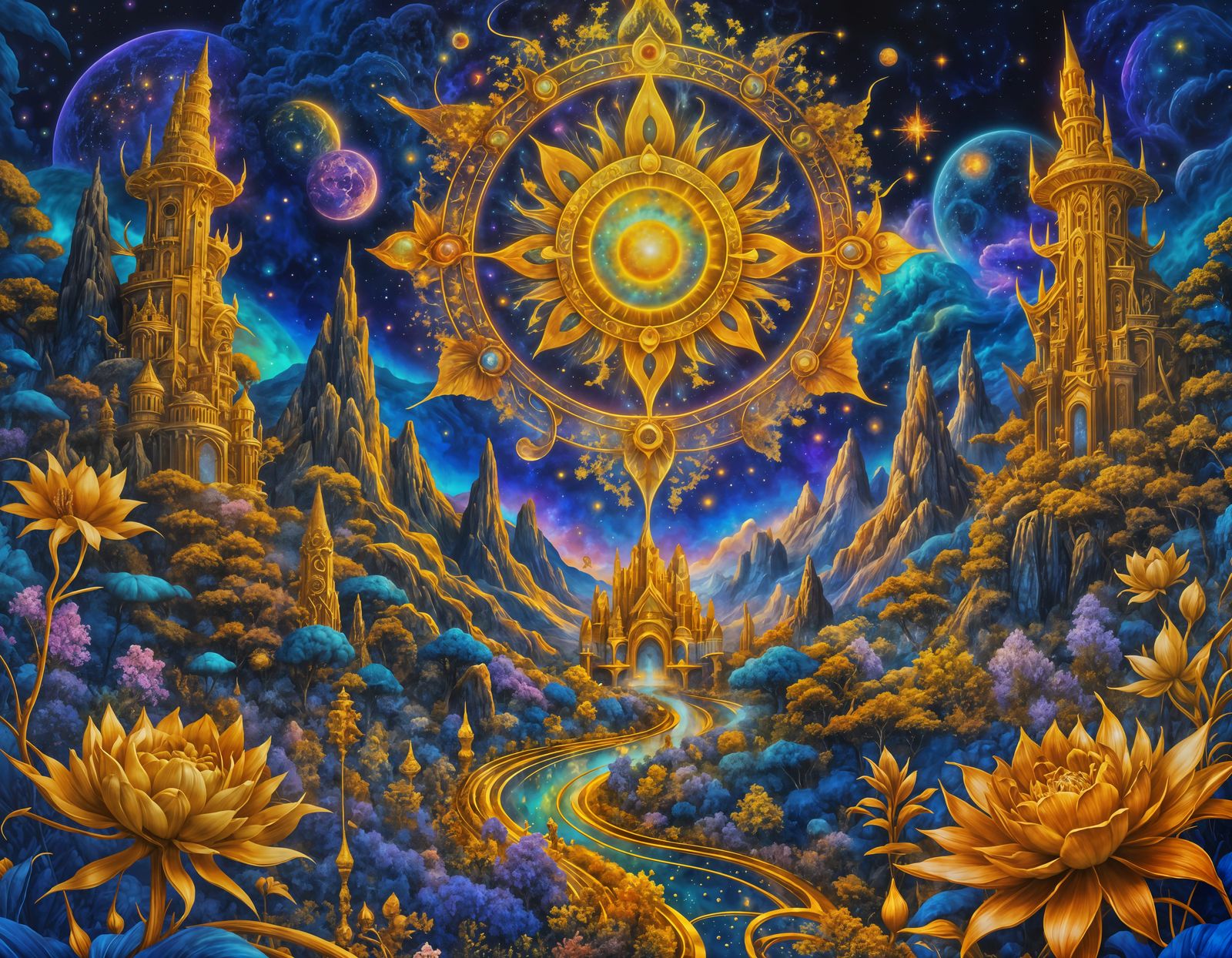 Mythical Floral Landscape with Golden Outlines