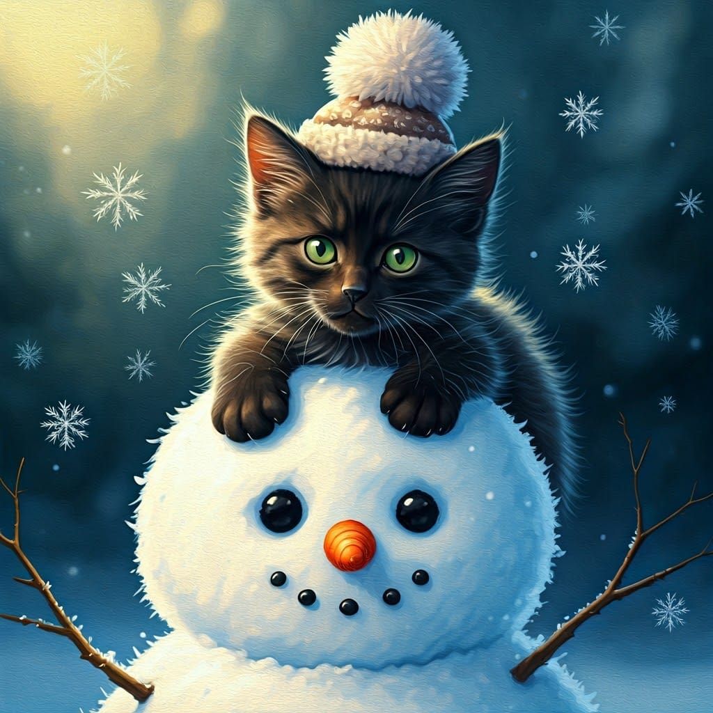 Whimsical Winter Wonderland Scene with Adorable Kitten and S...