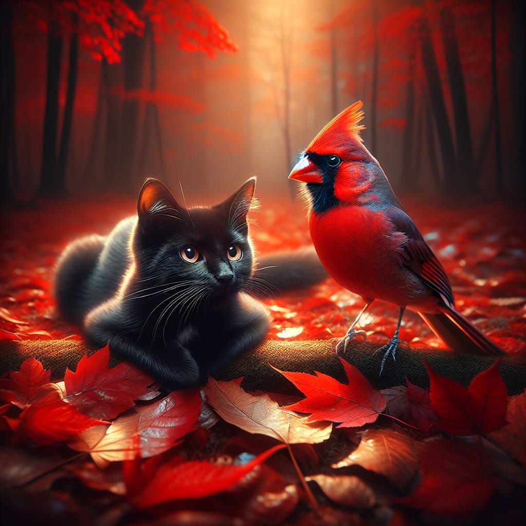 Black Kitten and Cardinal Bird in Autumn Leaves