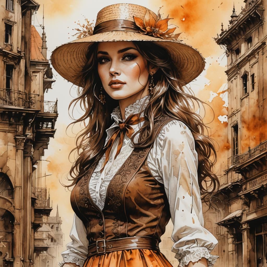 Watercolor of Brunette Woman in 70s Style Outfit