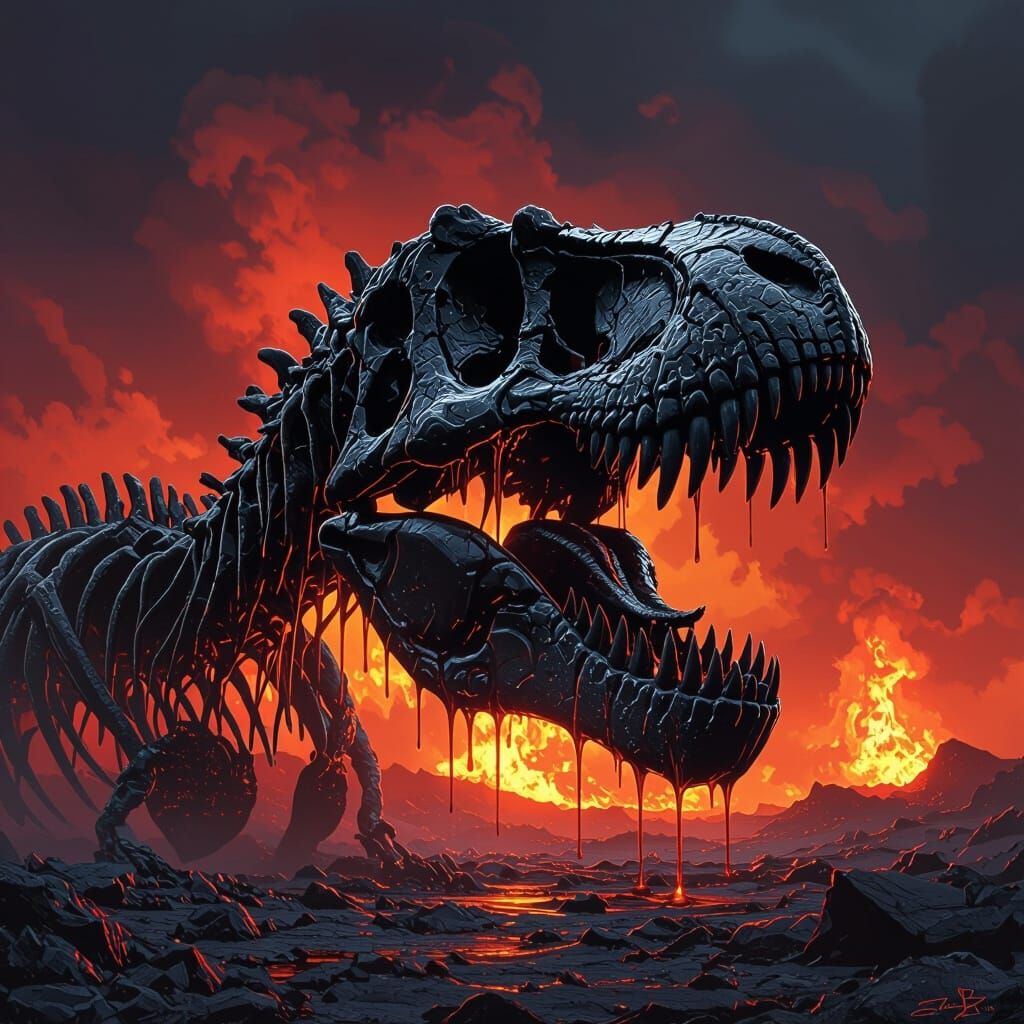 T. Rex Skull in Molten Lava, Dystopian Art