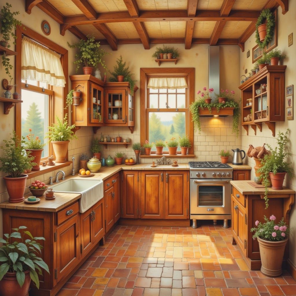 Cozy Cottagecore Kitchen in Warm Oil Painting Style