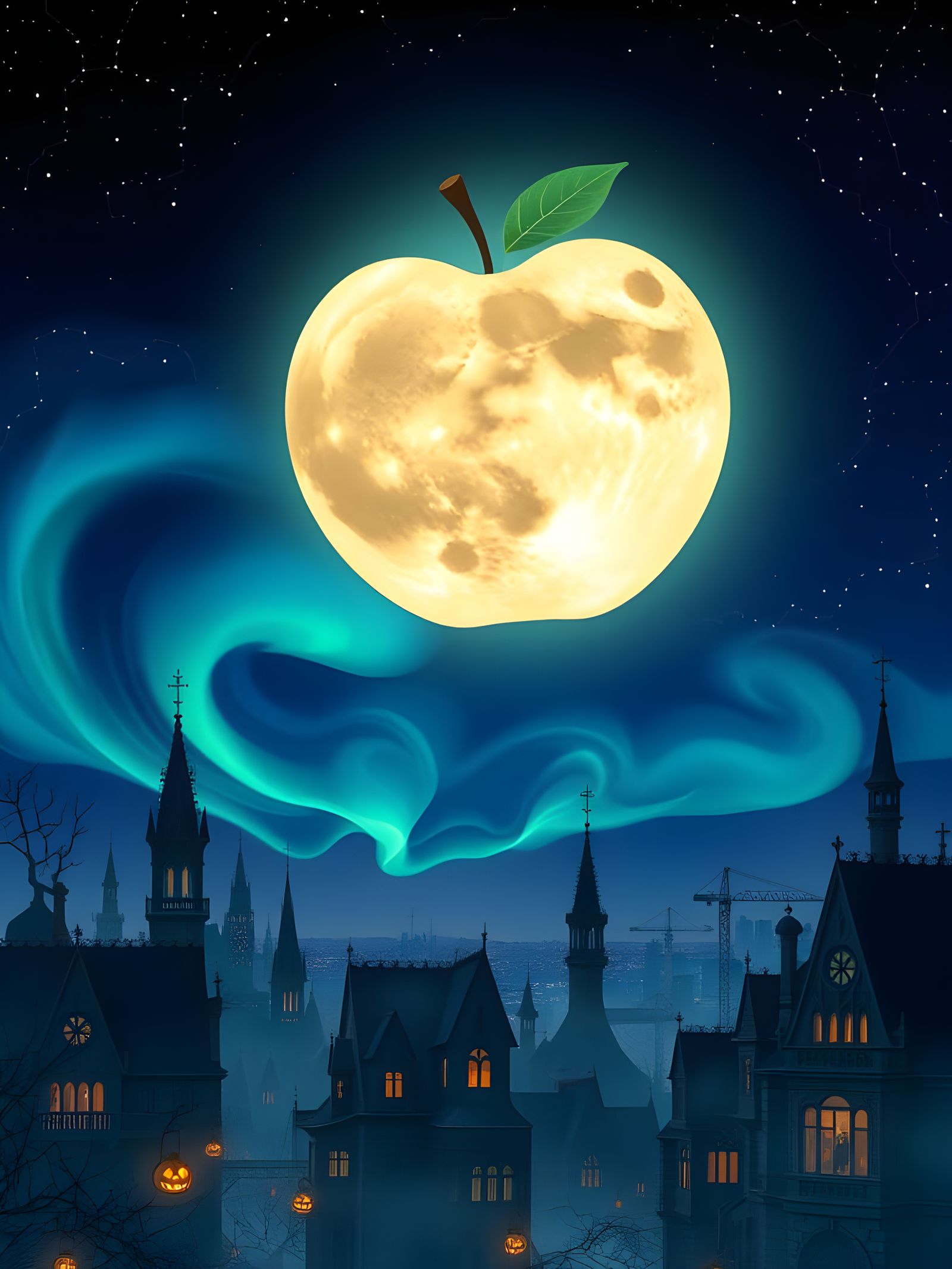Ethereal Apple Moon Over Haunted City