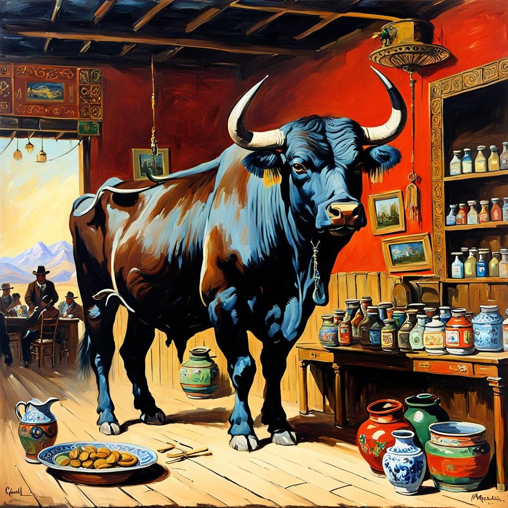 Bull in a China Shop: Western Oil Painting