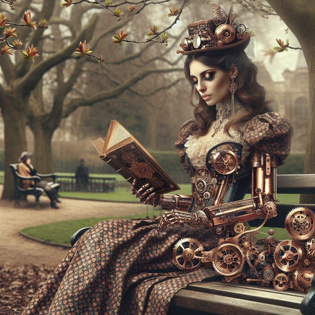 Steampunk Automaton Woman Reads Tome on Victorian Park Bench