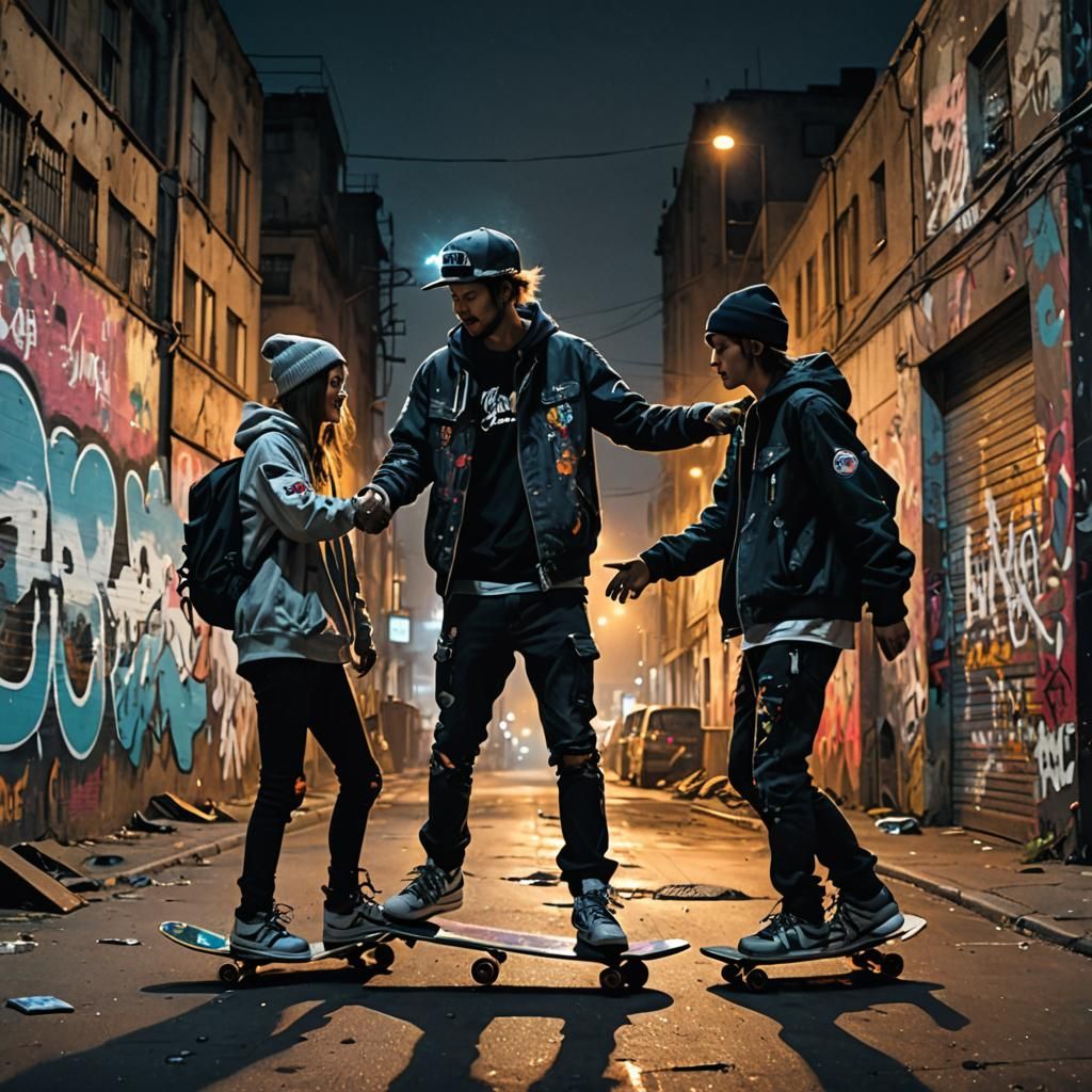 Skateboarders High-Fiving at Night in Graffiti Ruins