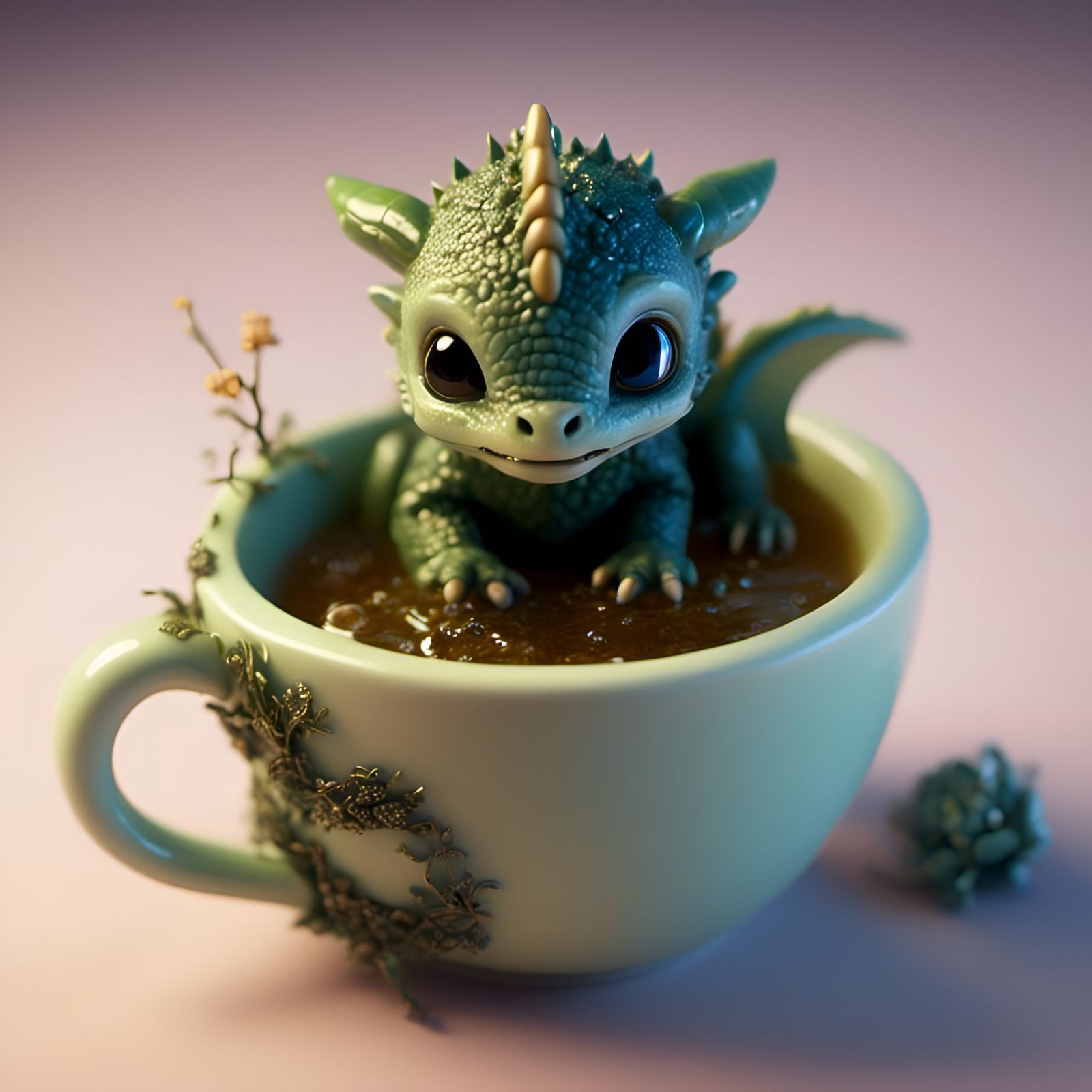 Dragon Hatchling in Teacup: Cute AI Art
