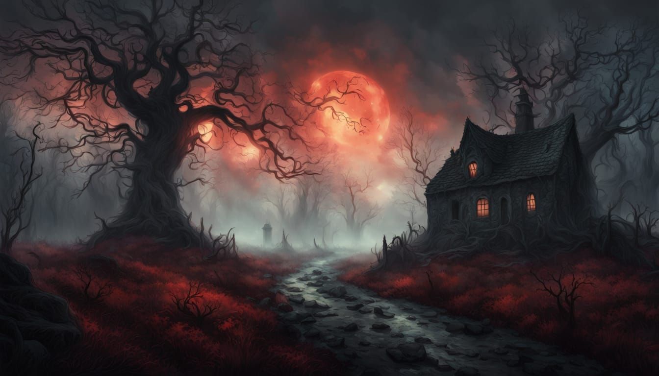 Eerie Summer Village in Dark Fantasy Landscape