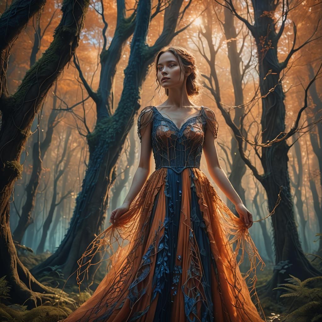 Woman in String Dress in Whimsical Forest