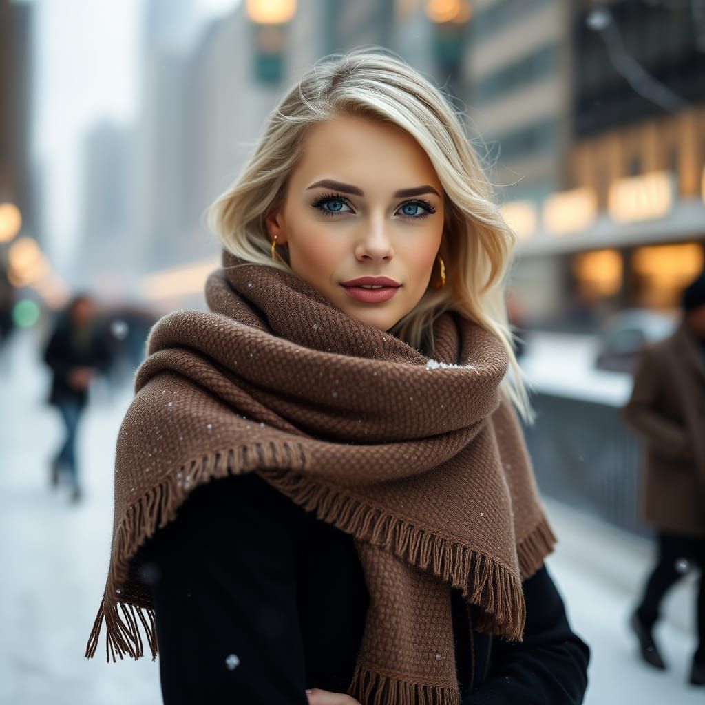 Elegant Blonde in Winter Scarf, Chicago Snowscape