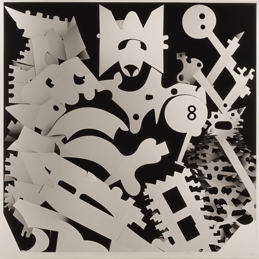 Rayograph of puzzle pieces, Photogram of puzzle pieces by Man Ray , numbers, puzzle, MC Escher