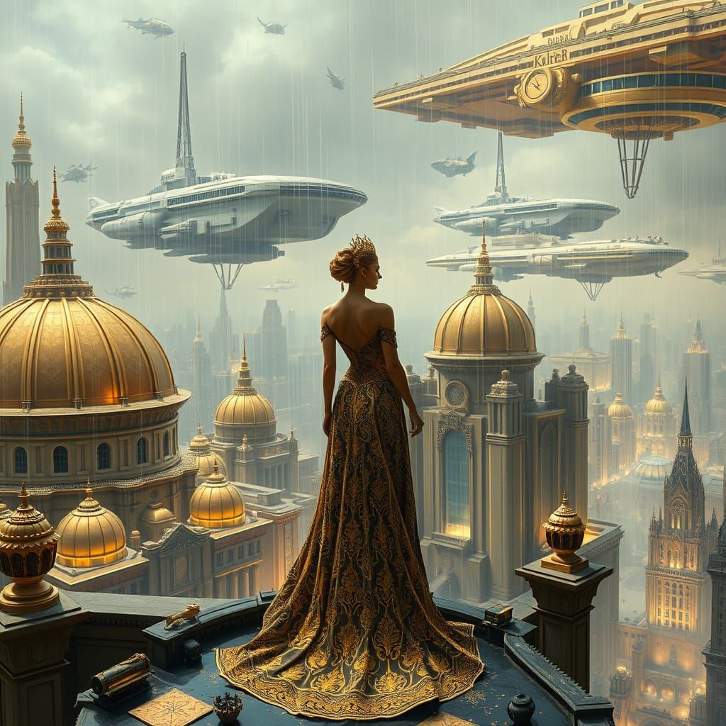 Baroque Futuristic Cityscape with Woman in Gown