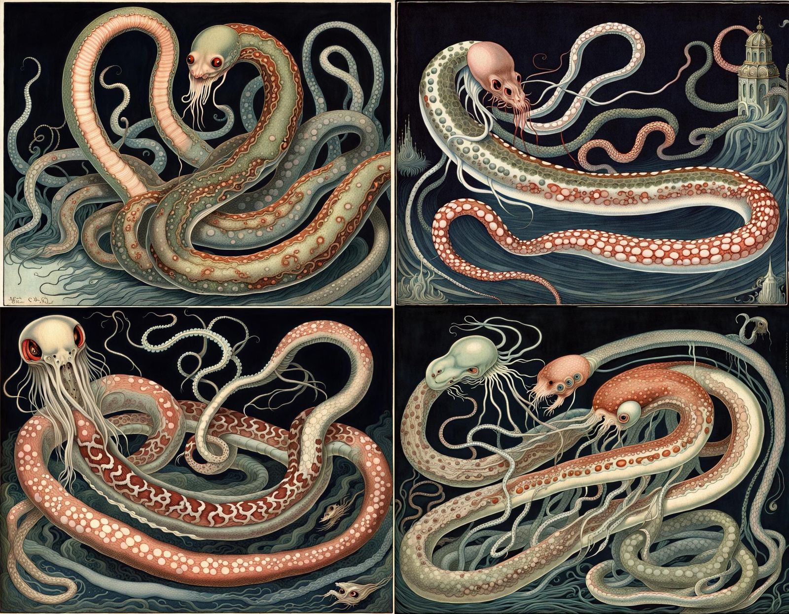 Entangled Hybrid Creature in Folk Art Style