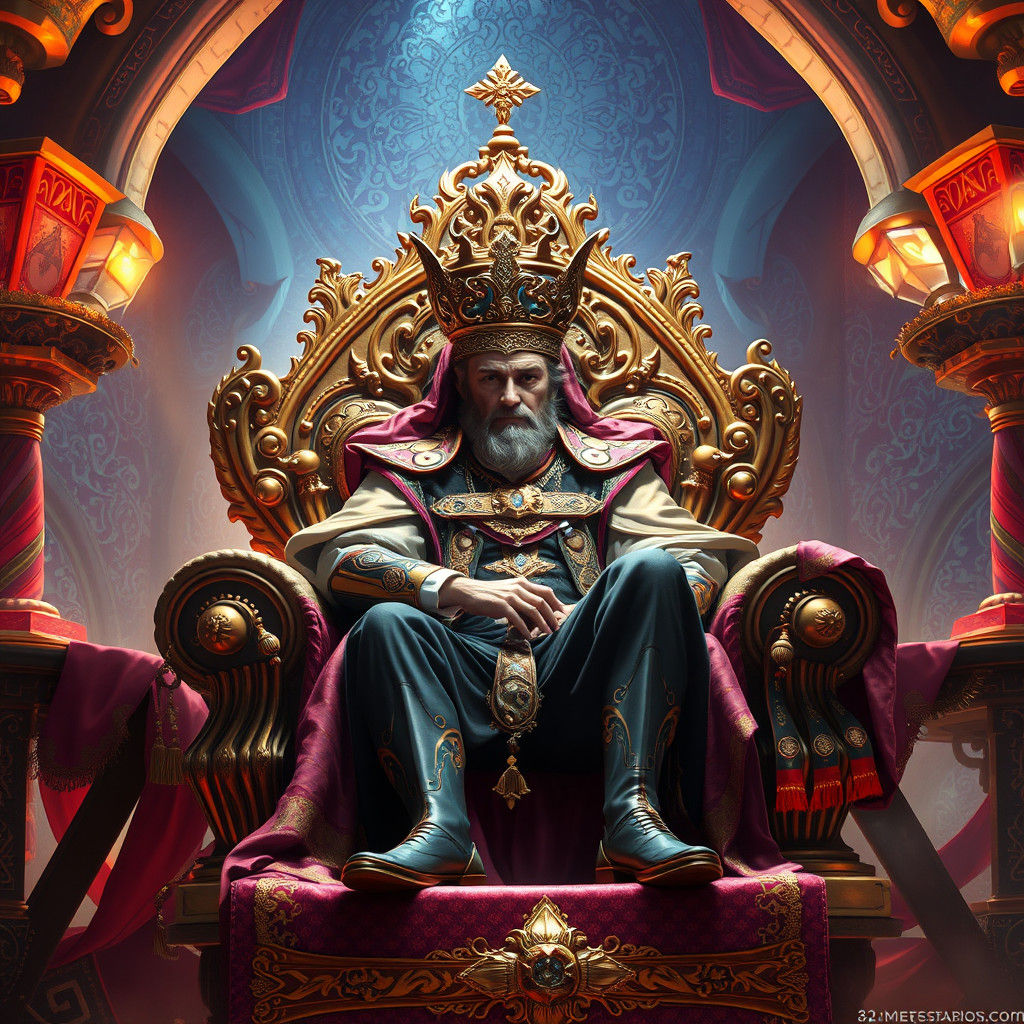 Regal Figure on Throne in Dreamlike Realm