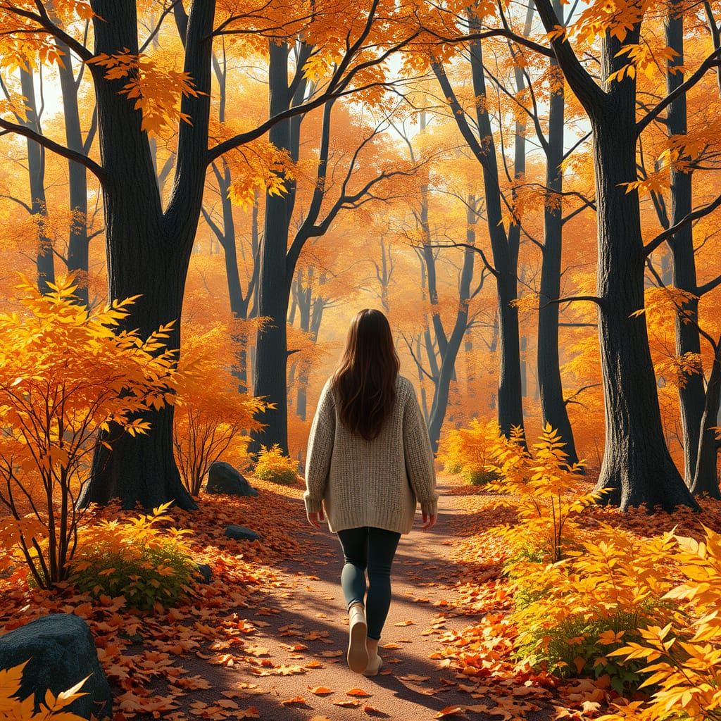 Autumnal Woman in Forest, 3D Rendered