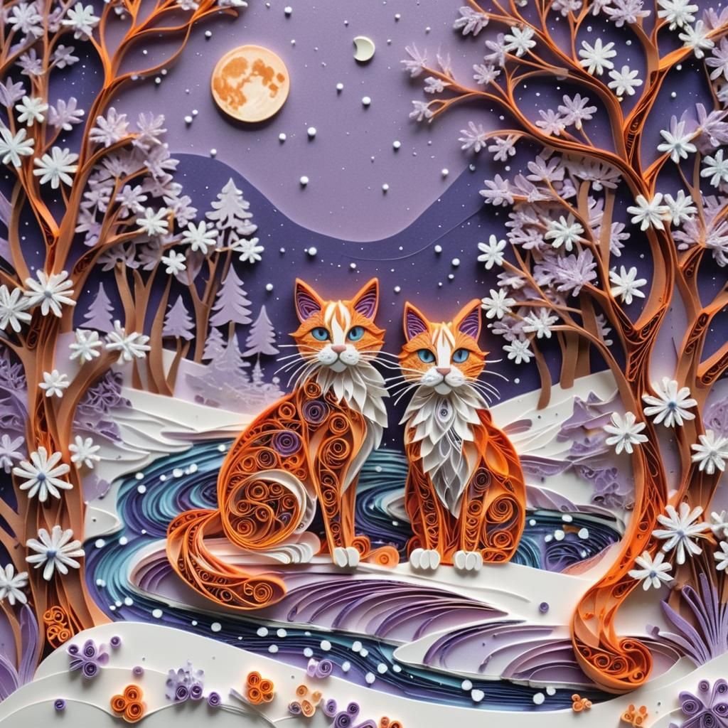 Vibrant Winter Whimsy: Orange Cat Amidst Sparkling Snow and...