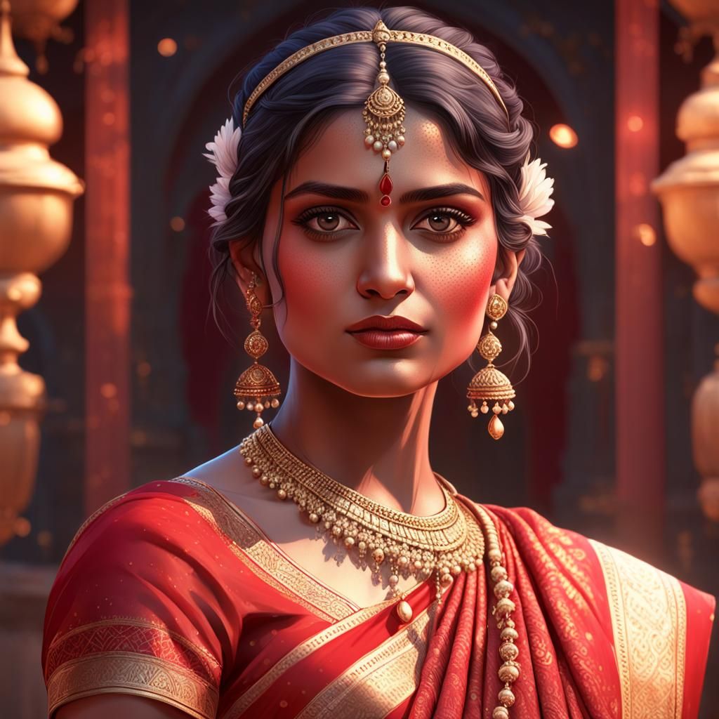 Indian Woman in Red Sari: Hyperdetailed Portrait
