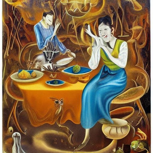 Ancestor's Wisdom in a Surreal Dinner Table Scene