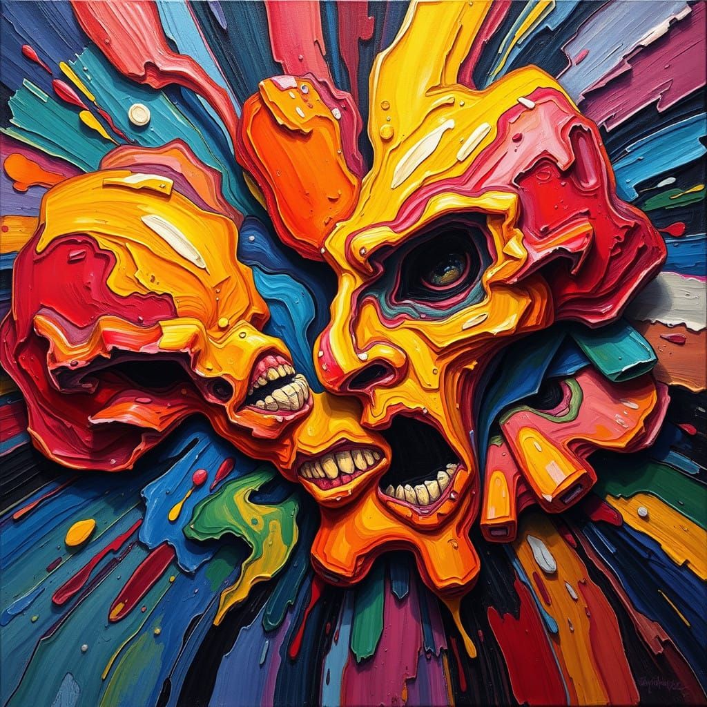 Distorted Rainbow Forms in Bold, Impasto Gouache Painting