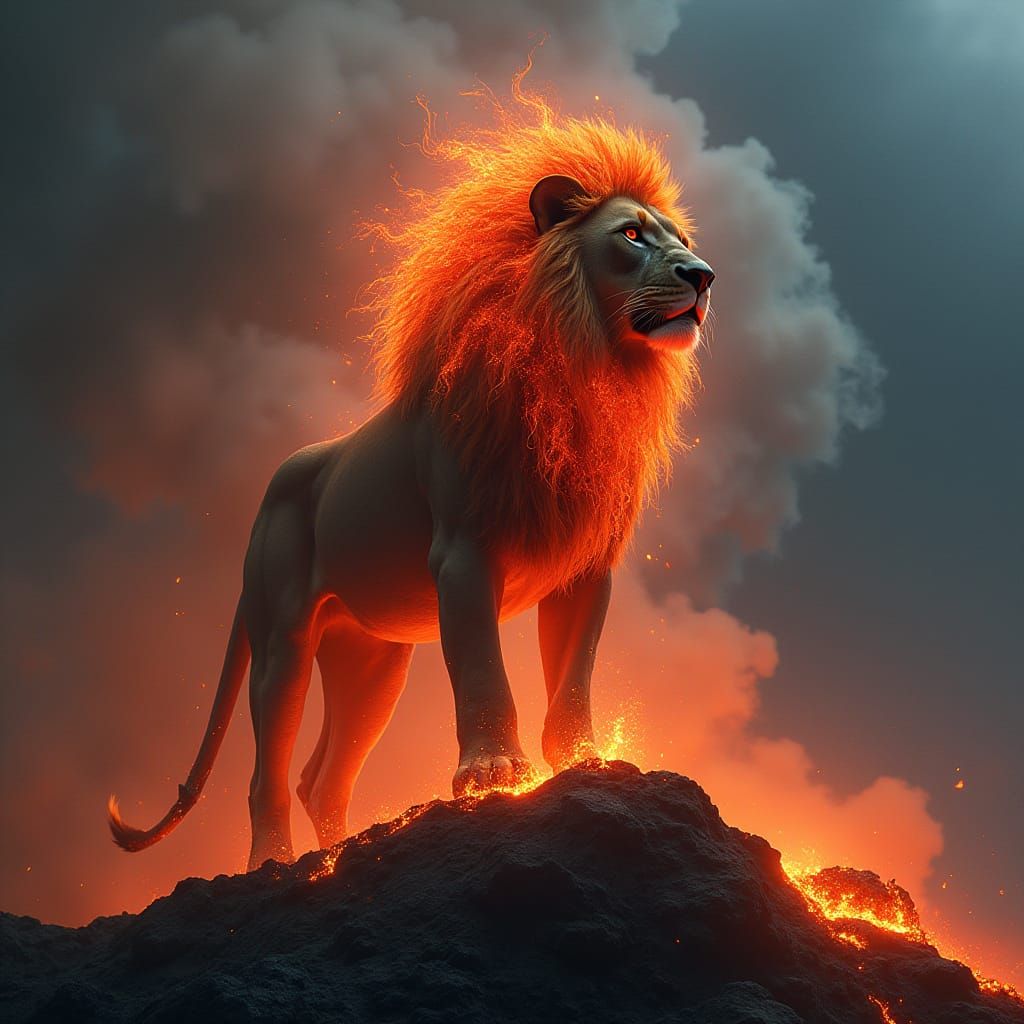 Lava-Mane Lion on Volcanic Peak