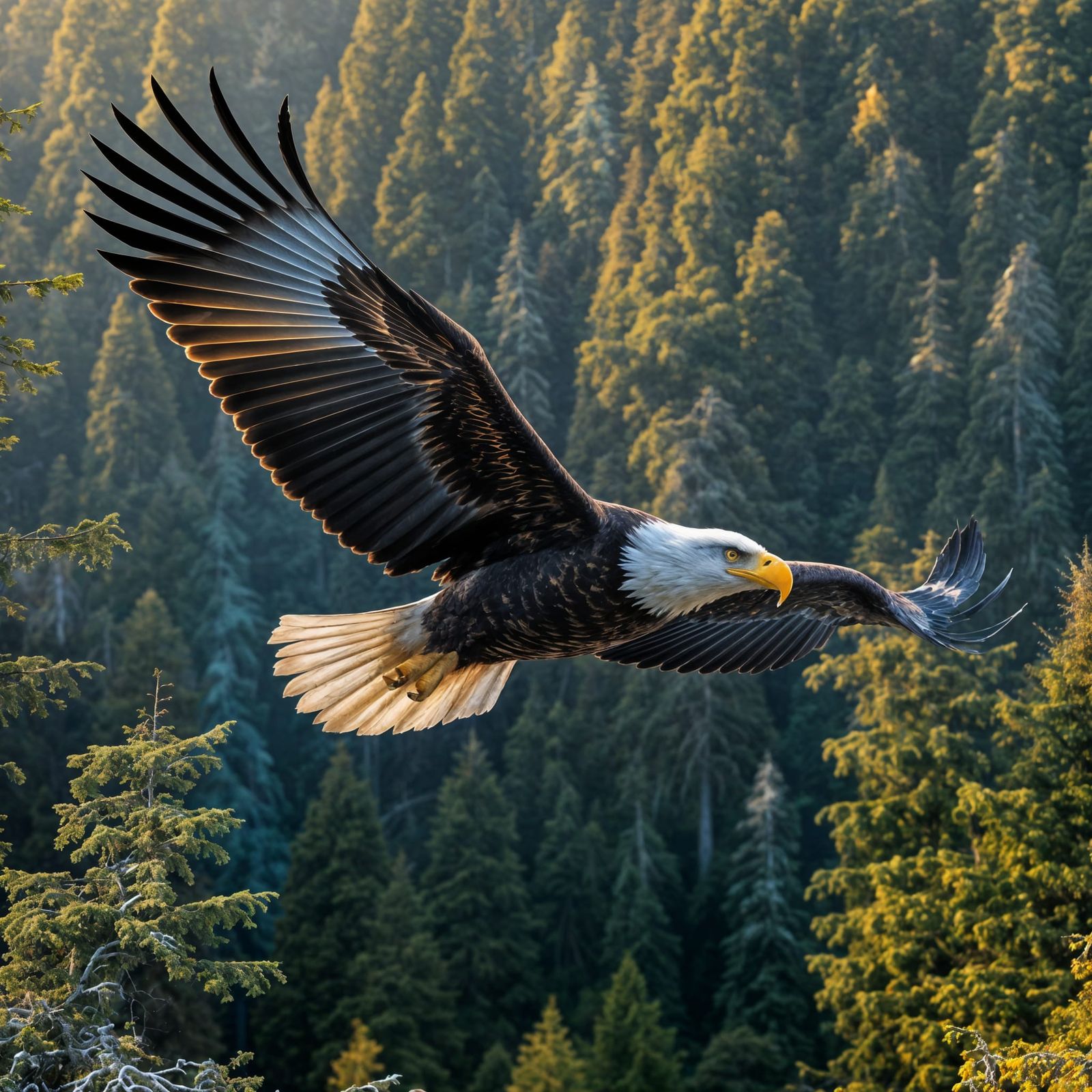 Majestic Bald Eagle Soaring Above Ancient Forest