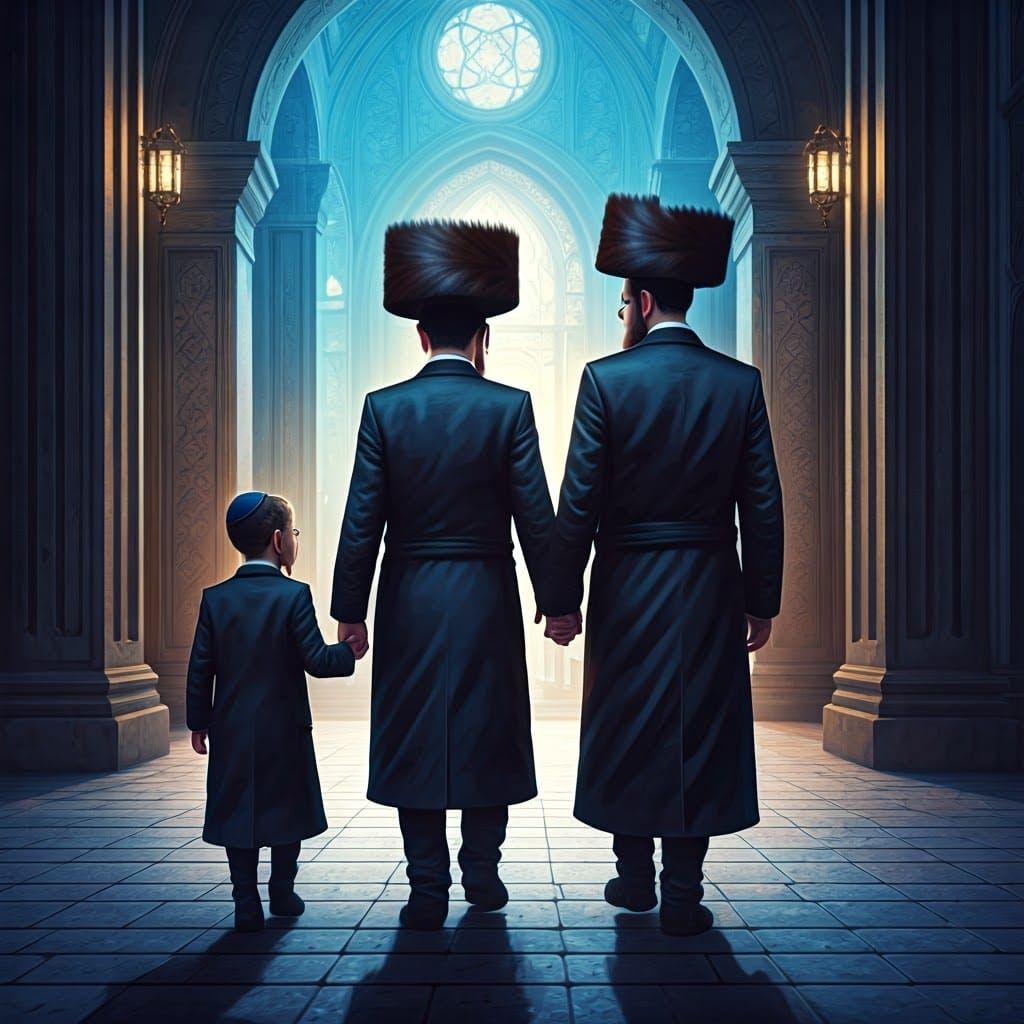 Orthodox Jewish Men Walking to Synagogue with Young Boy in F...