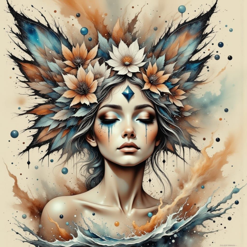 Coffee Mug Fairy in Water Ink Style