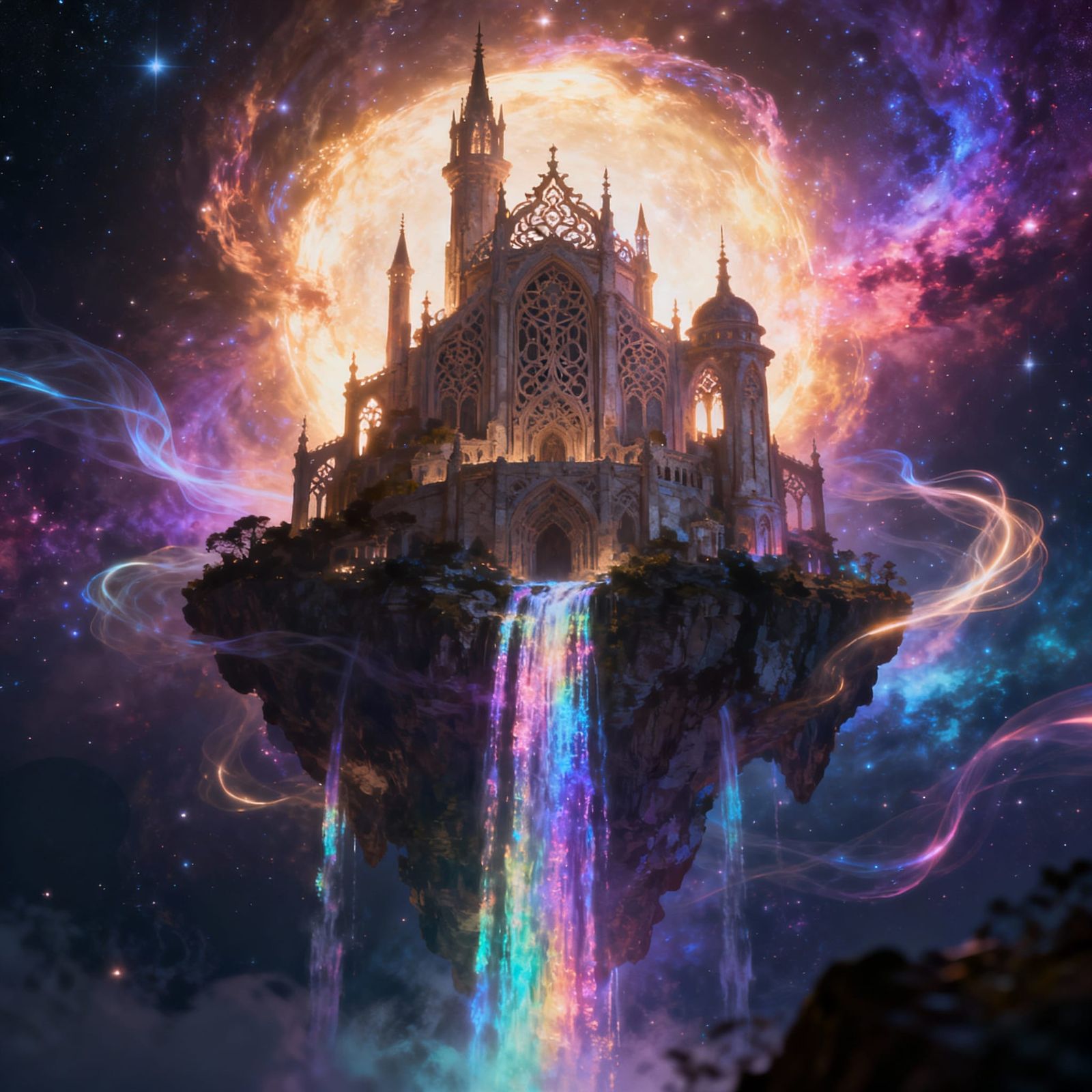 Majestic Floating Castle in Vibrant Nebula