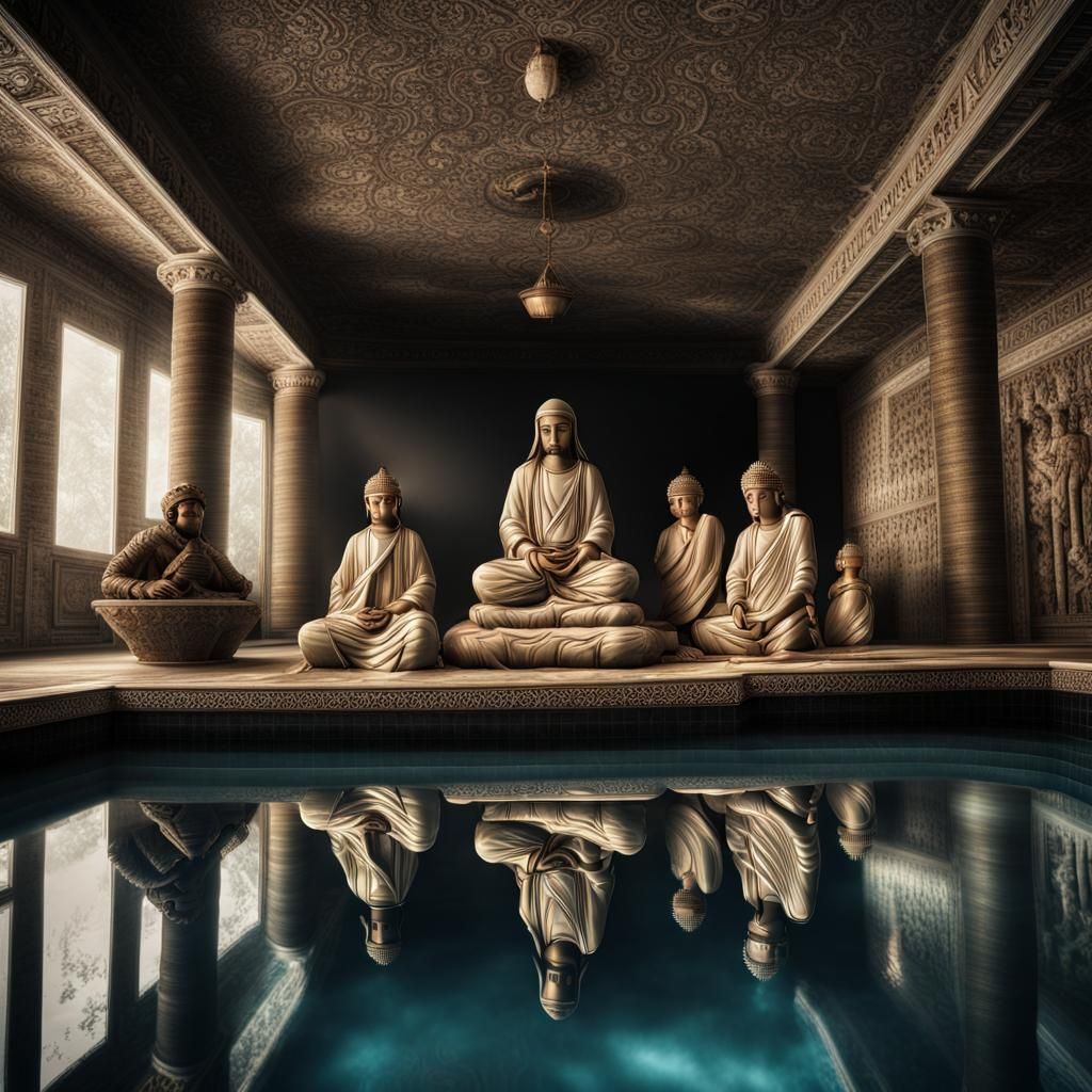 Religious Figures Relaxing in a Pool, Hyperrealistic Style