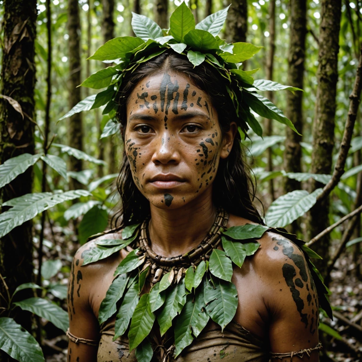 Camouflaged Amazonian Woman in Animal Skins