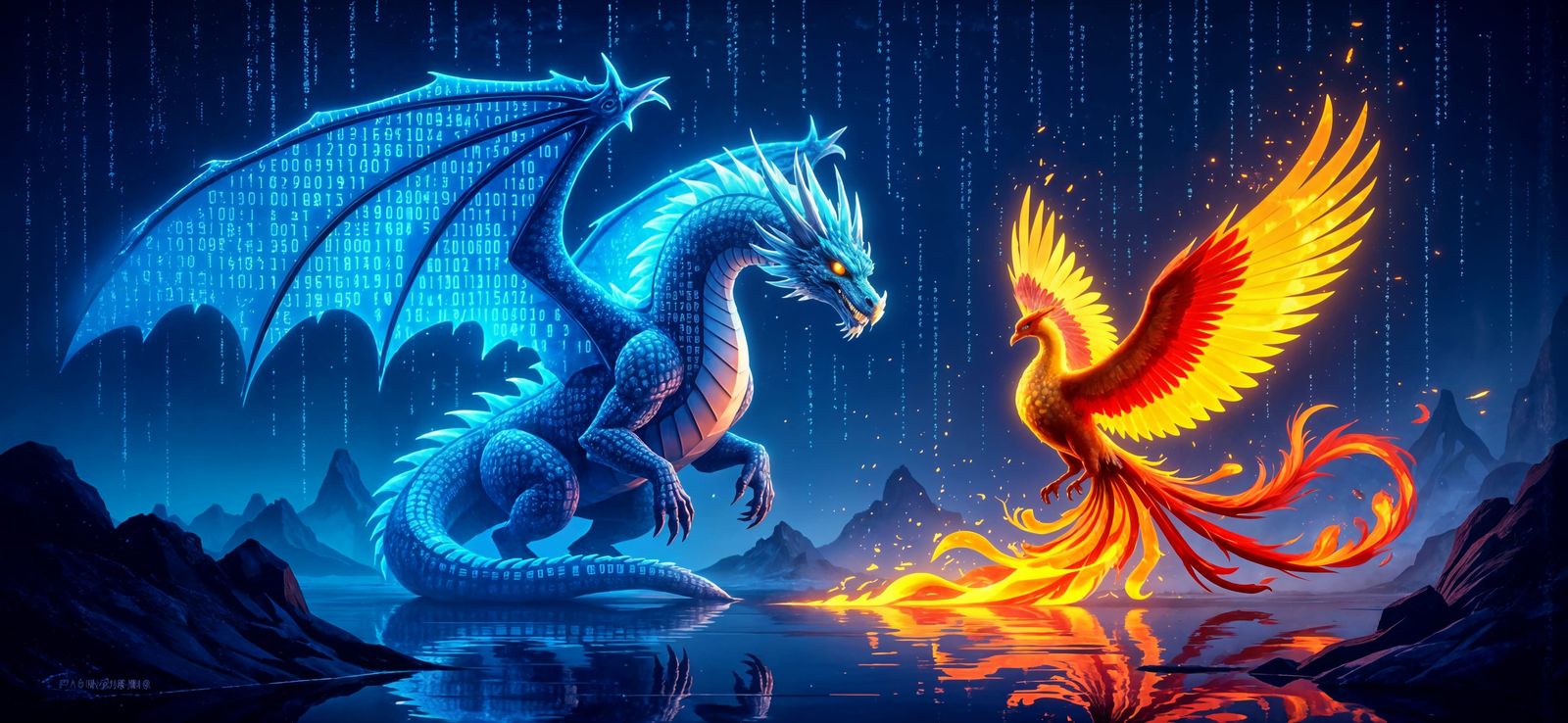 Computer code made into an azure dragon and a fire phoenix.
