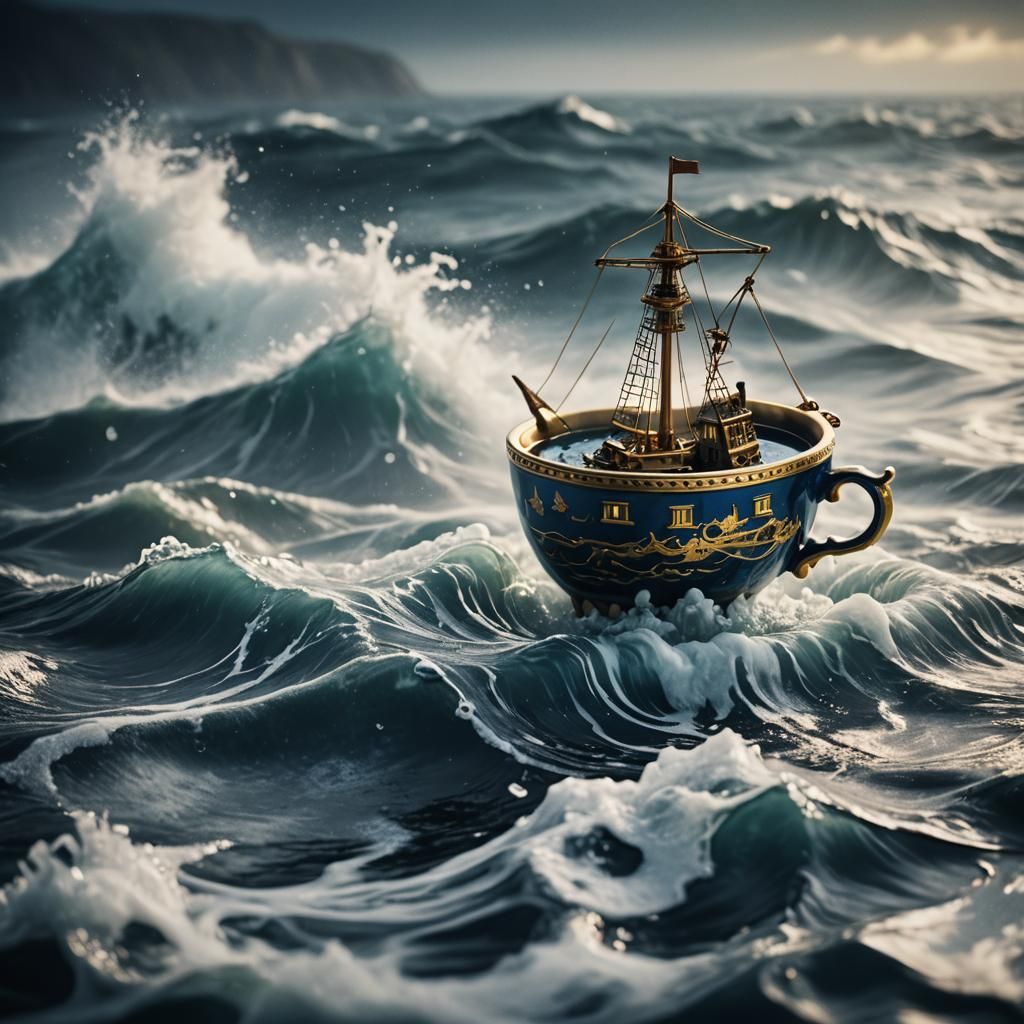 Miniature Ship in Teacup Storm: Cinematic Still